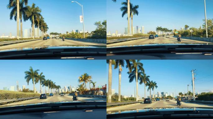 MS POV汽车沿着美国佛罗里达州迈阿密的阳光高速公路行驶