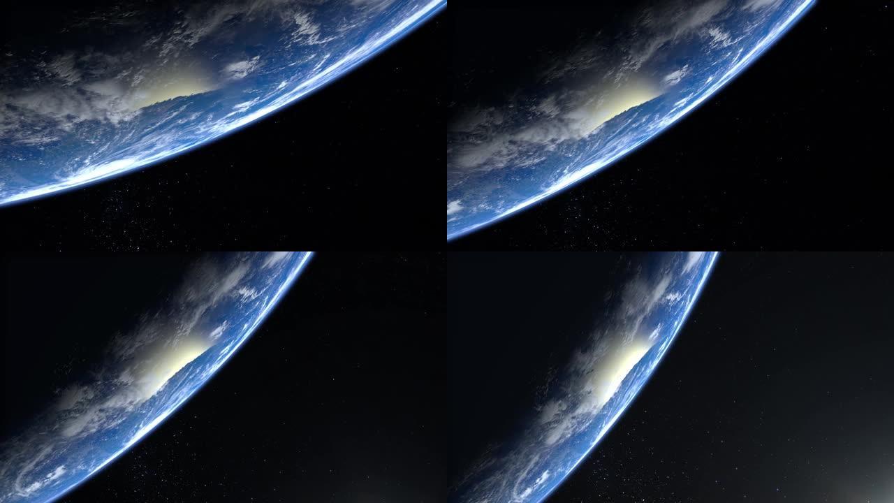 来自太空的地球。相机向右旋转，飞离地球。星星闪烁。4K.逼真的氛围。3D体积云。
