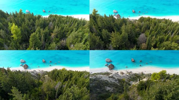 希腊凯法利尼亚岛。飞越绿树、沙滩和碧绿的海水