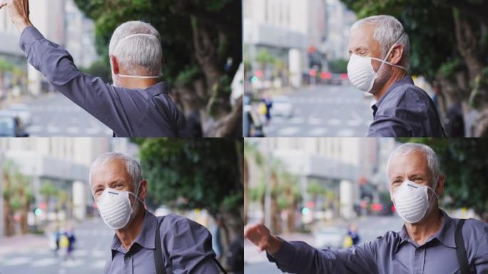 白人男子在街上出门在外，戴着口罩抵御冠状病毒