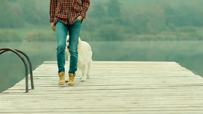女人和狗在湖边的码头上散步