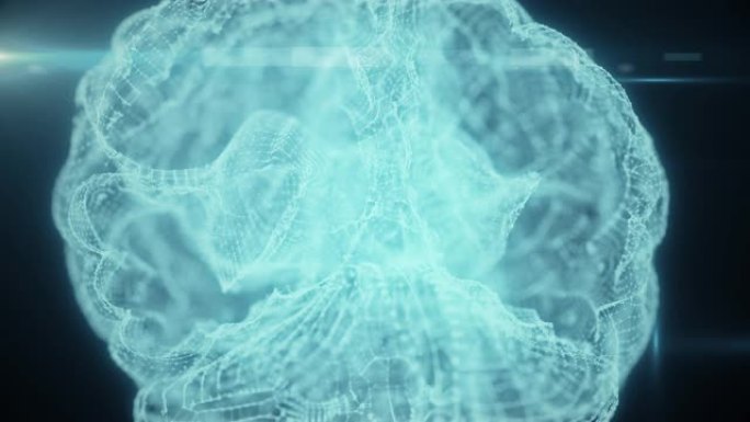 人脑的旋转全息图，人脑由发光发光的光粒子旋转360度形成，无缝循环4k动画