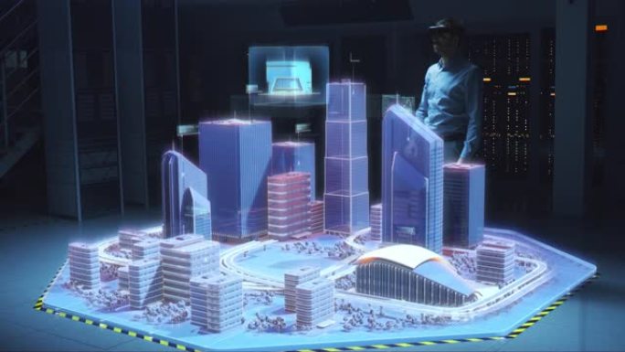 行业4.0: 现代专业建筑师佩戴虚拟现实耳机使用手势移动，设计，操纵3D城市的建筑物。混合增强现实软