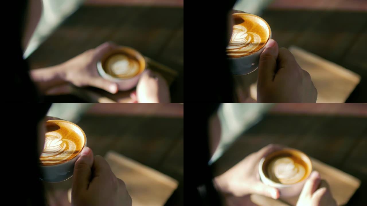 女人的特写在放松时间在咖啡馆喝杯咖啡