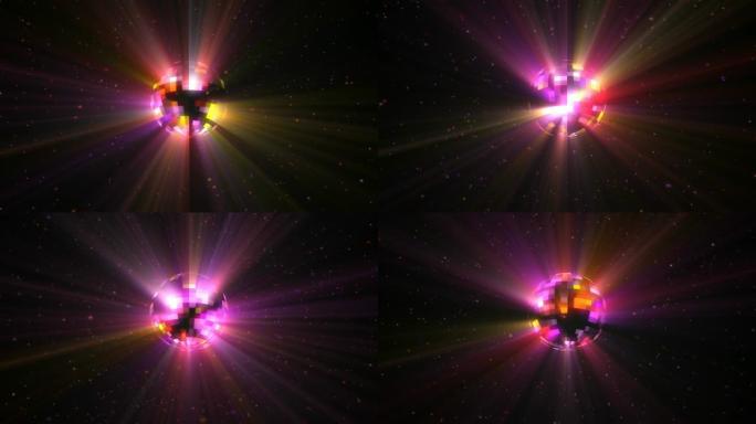 带有粒子和光线的彩色多色迪斯科球旋转的无缝动画