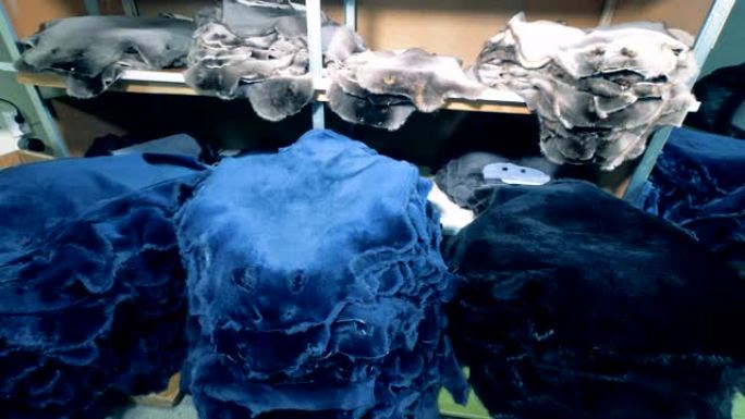 工厂里有很多兽皮。动物皮堆放在房间里的衣服。
