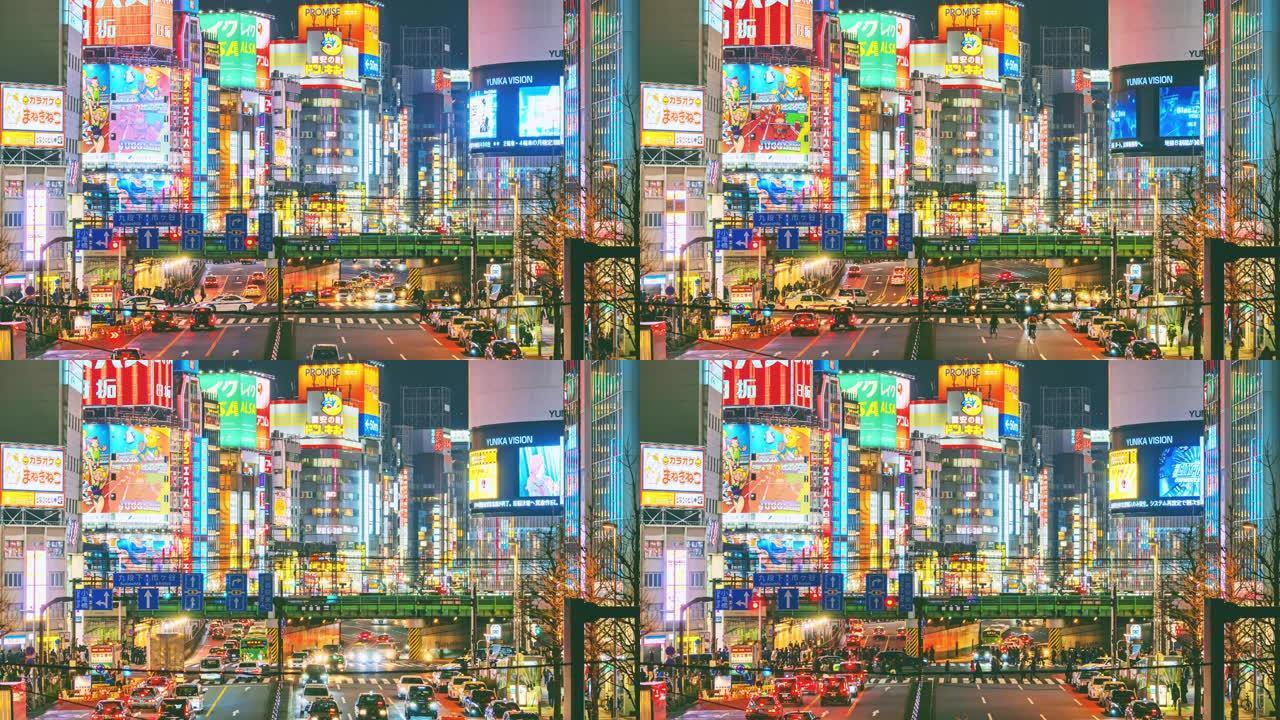 日本东京市，新宿在夜间的时间流逝，人群不确定，人们在街上行走