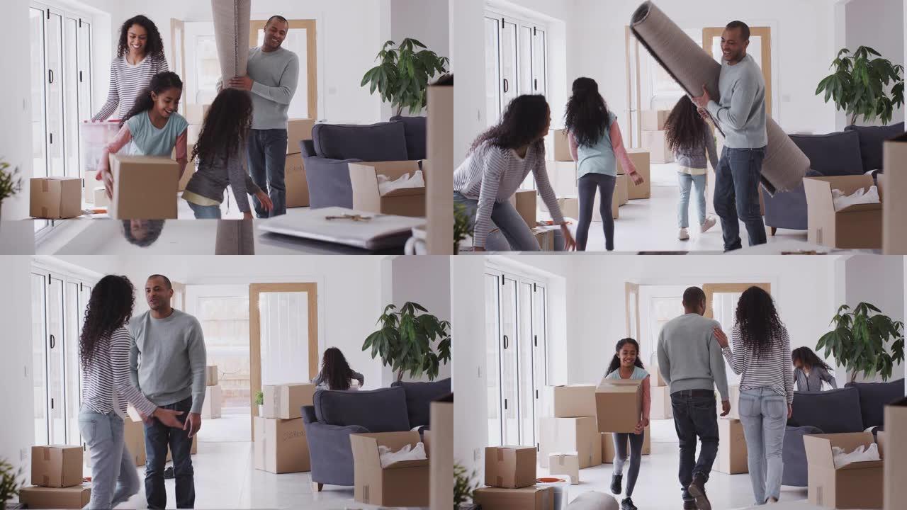 兴奋的家庭在白天移动时将箱子和地毯搬入新家-慢动作拍摄