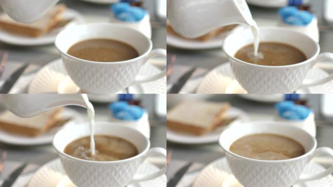 挤奶流入意式浓缩咖啡杯,慢动作