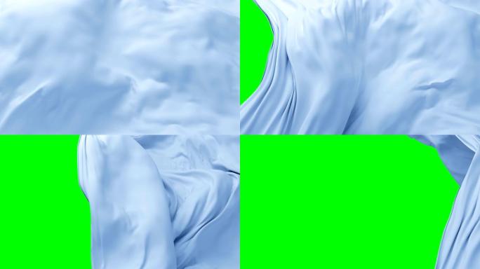 抽象的蓝色大布面在风中飘扬，露出飞走的背景。3d动画过渡打开背景与绿屏，阿尔法蒙版。