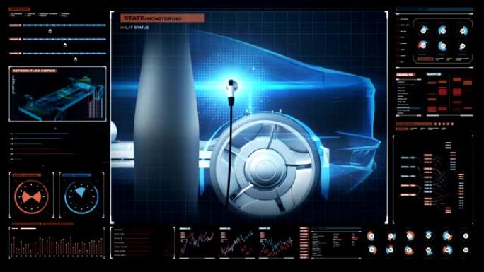 充电电池电子，混合动力汽车在数字未来显示界面。环保未来汽车。4k电影2。
