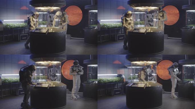 宇航员和机器人检查植物孵化器