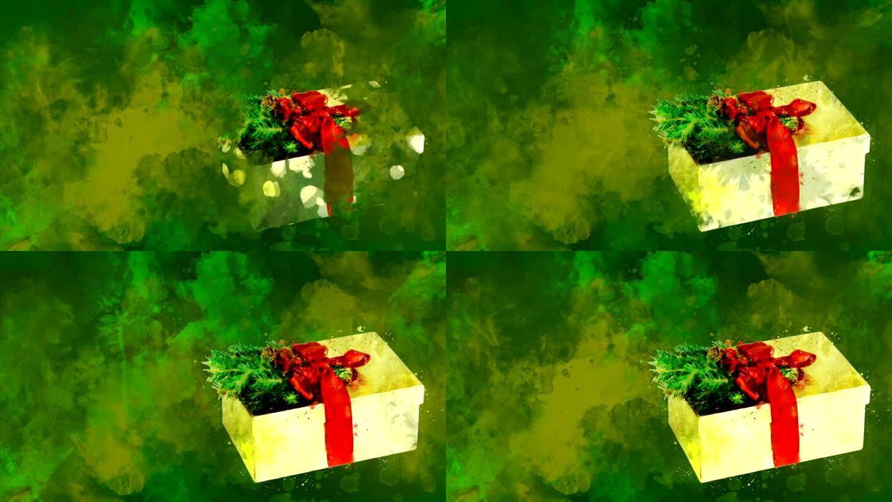 彩色斑点背面的水彩圣诞装饰金盒。