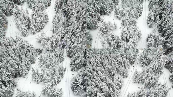 冬季道路的航拍雪景冰雪覆盖林海雪原