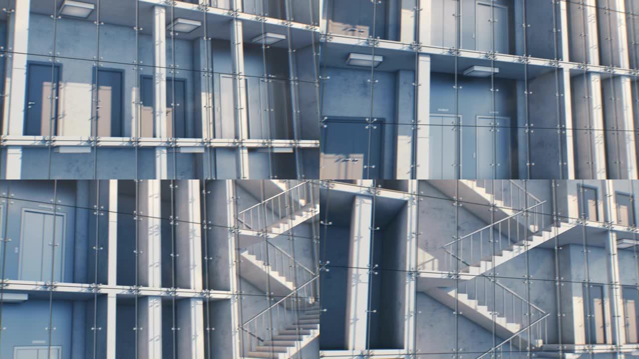 美丽抽象的现代高层建筑外观无缝。玻璃、金属和混凝土。带有内部的摩天大楼立面的循环3d动画。