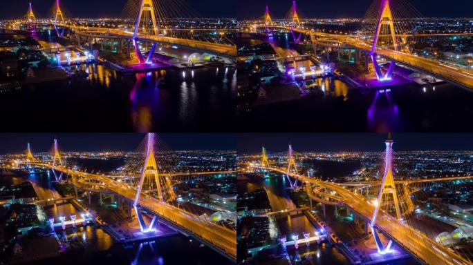 空中观看普密蓬大桥工业环桥两次穿越湄南河的超延时或延时