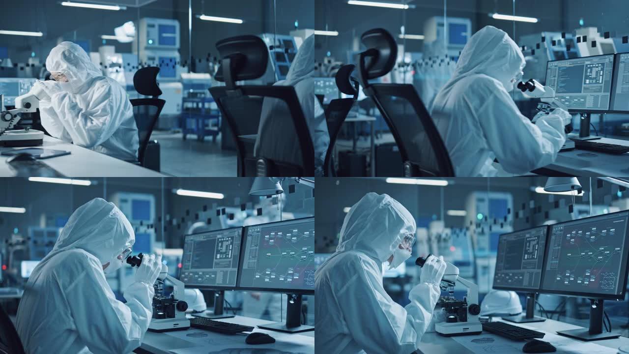 现代工厂: 清洁无菌工作服的工程师和科学家团队在台式计算机上工作，使用显微镜，开发用于高科技医疗电子