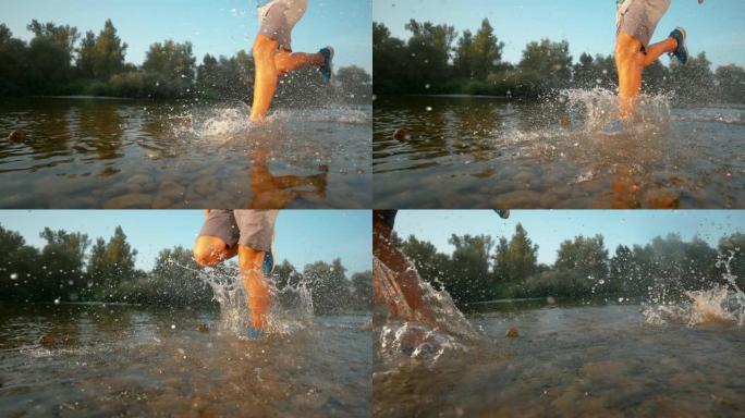 慢动作效果: 运动员在河岸上慢跑的酷炫镜头。
