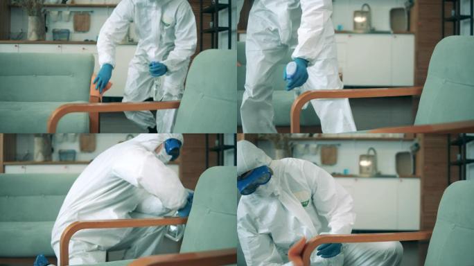 消毒专家正在用消毒剂清洁扶手。冠状病毒，新型冠状病毒肺炎预防概念。