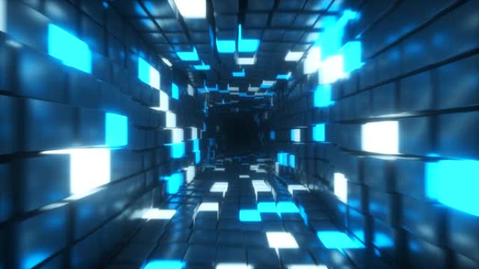 未来走廊中的抽象飞行，无缝循环4k背景，荧光紫外光，发光的彩色霓虹灯立方体，几何无尽隧道，蓝色光谱，