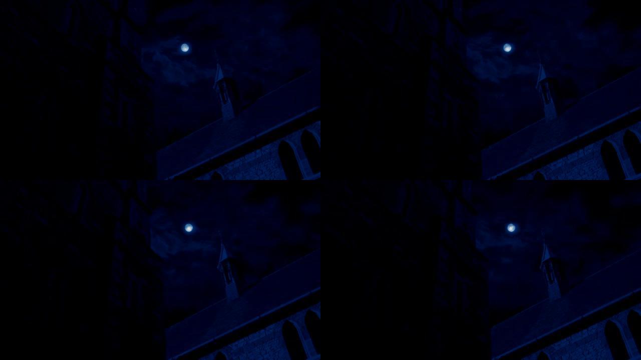 月光下夜晚的教堂建筑移动镜头