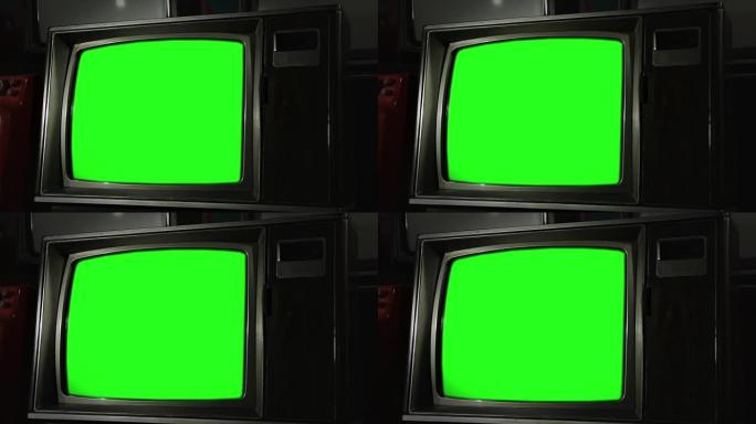 旧电视绿屏。特写。