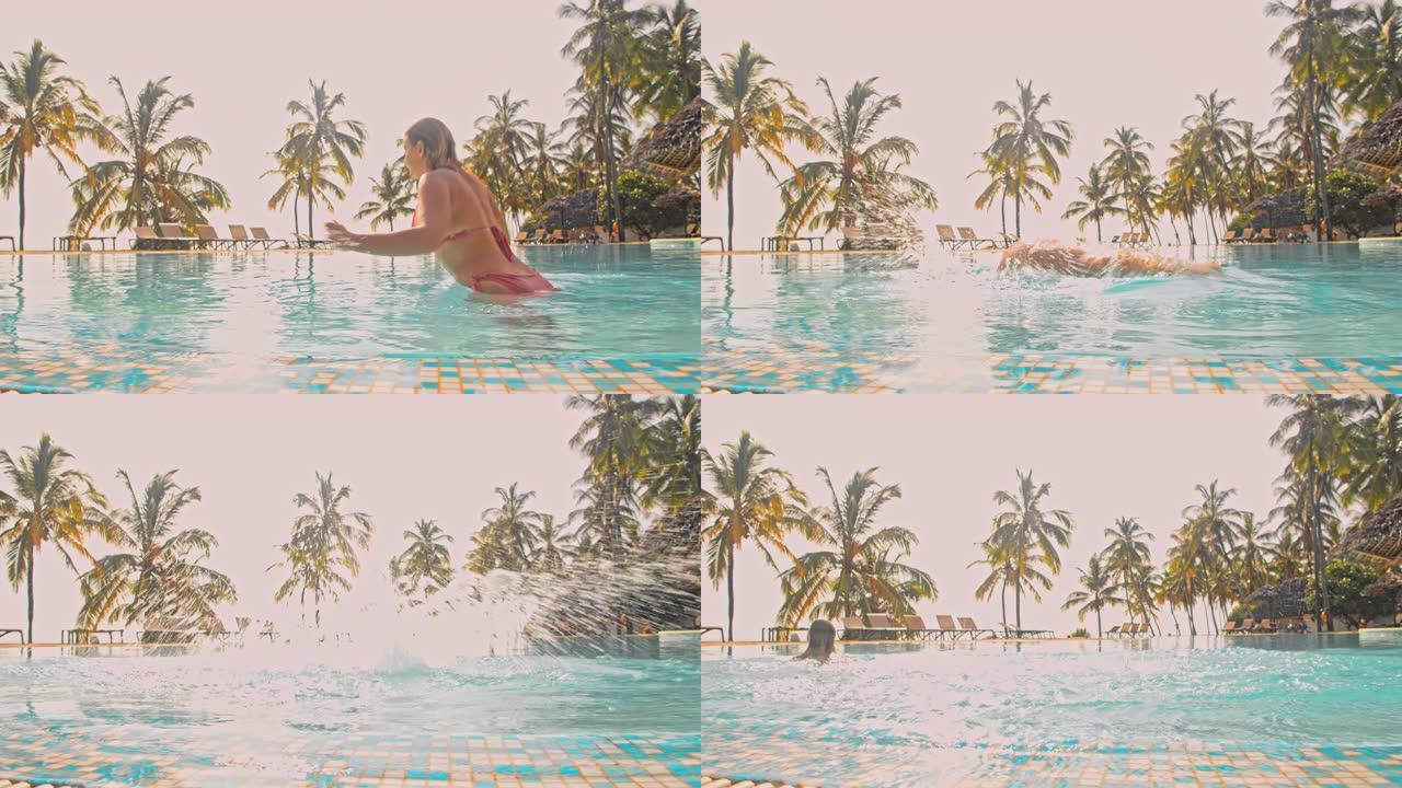 SLO MO女人在豪华海滩度假胜地的游泳池里游泳
