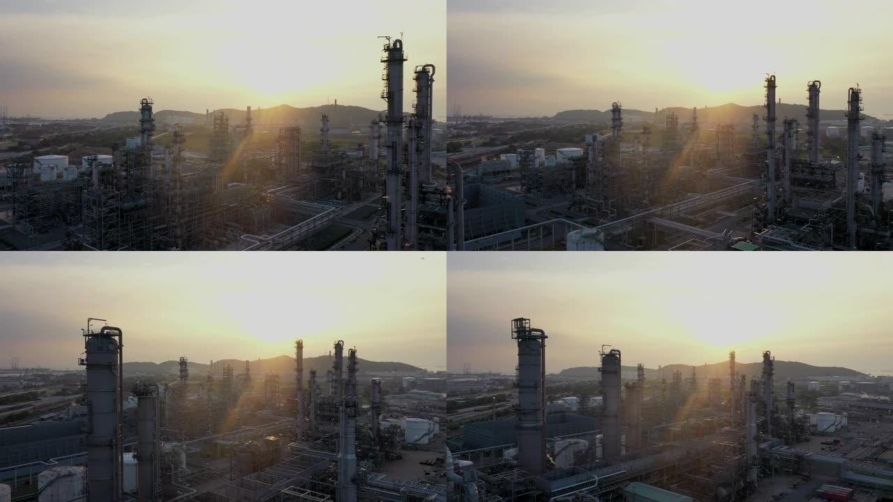 日落时大型炼油厂设施的鸟瞰图