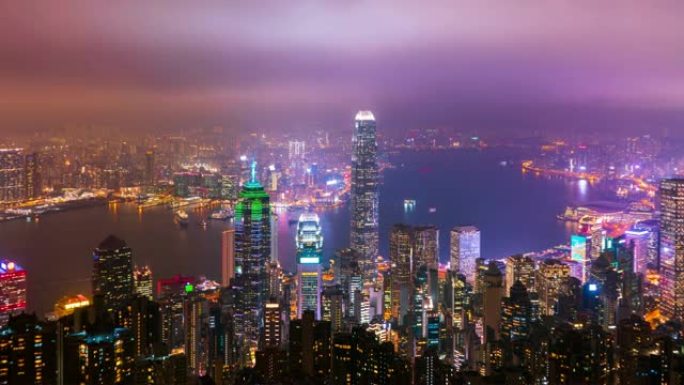 (缩小) 香港摩天大楼和城市景观在夜间的延时。
