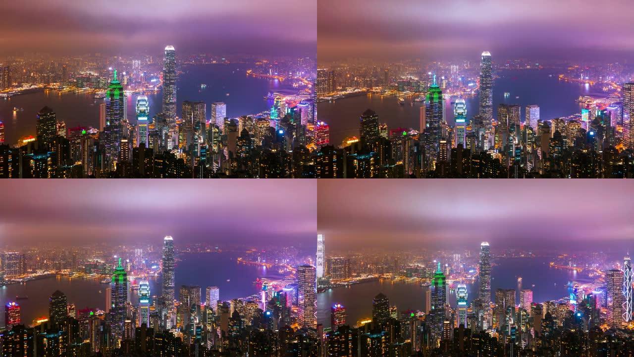 (缩小) 香港摩天大楼和城市景观在夜间的延时。