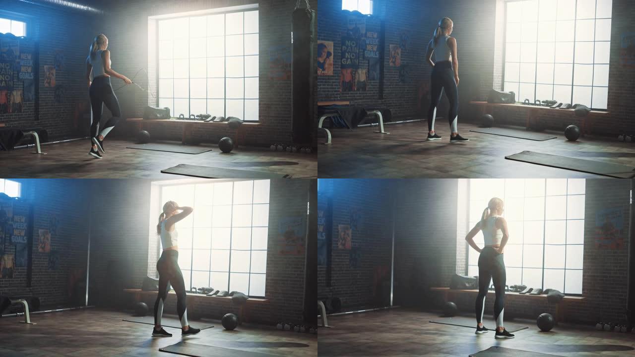 在阁楼风格的工业健身房里，用跳绳锻炼金发碧眼的女性。她正在进行激烈的交叉健身训练计划。未能跳过绳子并