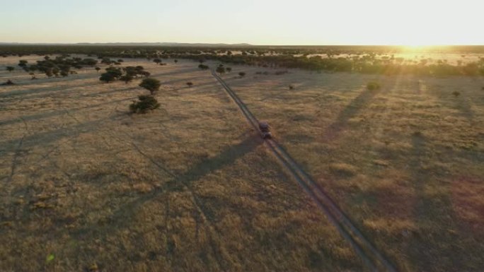 4k高空中缩小视角的野生动物园车辆在日落时驶过非洲萨凡纳草原，纳米比亚