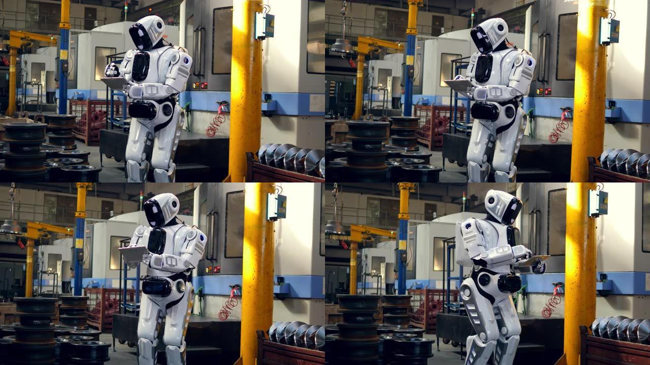 类人机器人正在工厂里用平板电脑工作