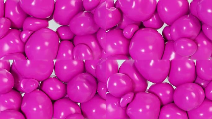 抽象五颜六色的粉红色软球在内部压力下移动并相互作用，试图为自己找到一个地方。