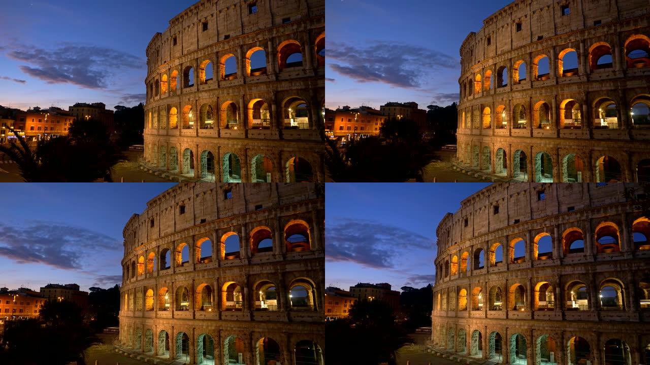意大利罗马的斗兽场。平移照亮了清晨的镜头。4K, UHD