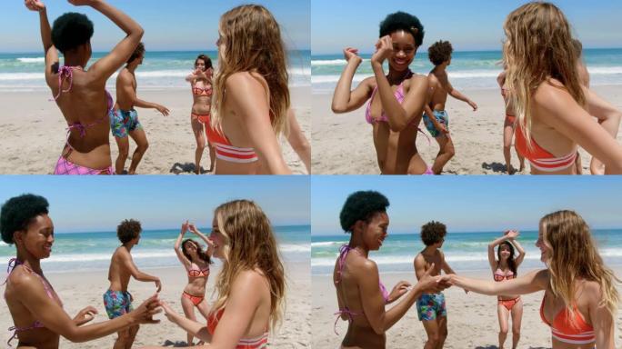 年轻朋友在海滩4k一起跳舞