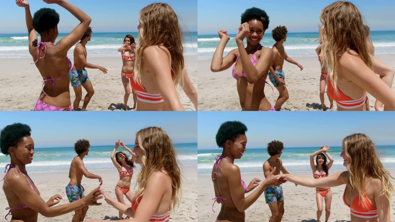 年轻朋友在海滩4k一起跳舞