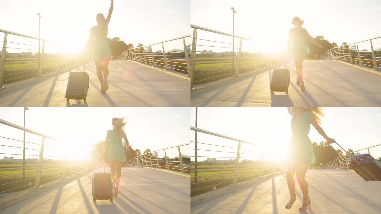 镜头耀斑: 日落时分，旅游女孩在步行到机场时旋转。