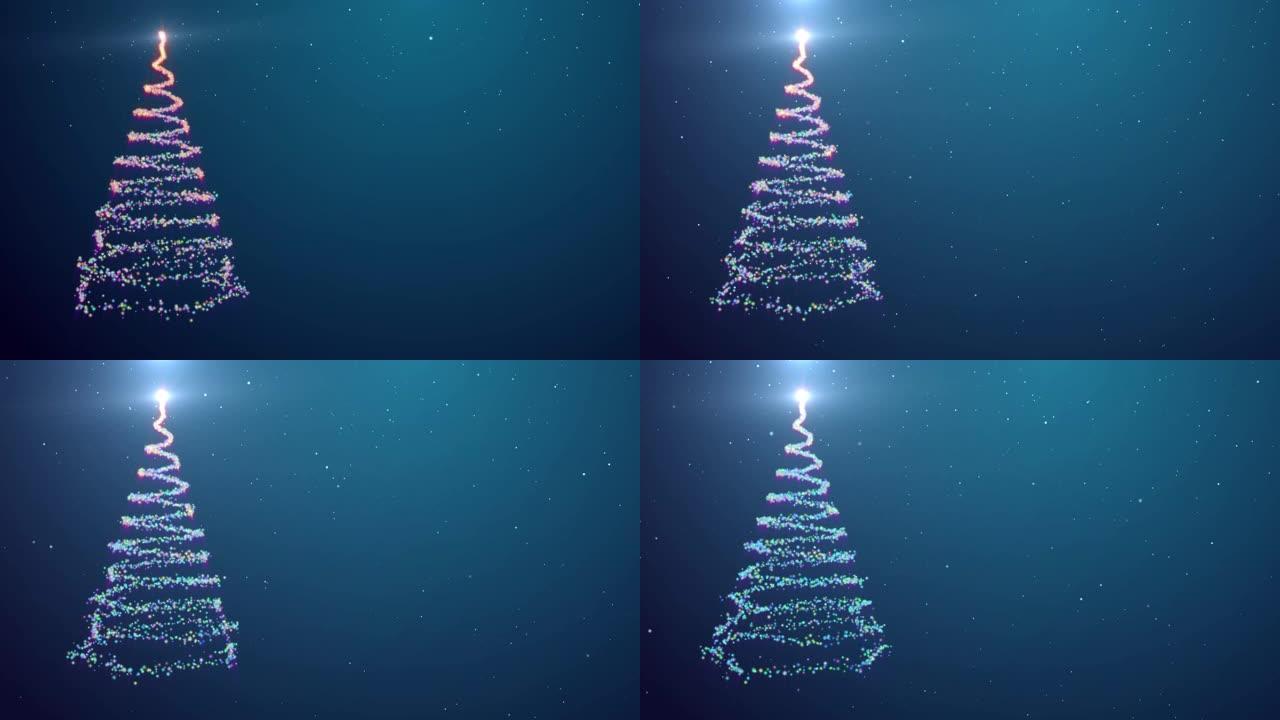 4k分辨率圣诞快乐问候背景，抽象粒子彩色圣诞树动画