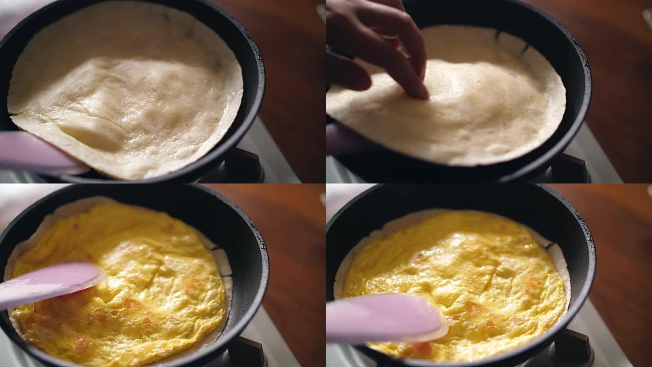 将煎饼制作成另一侧有鸡蛋的平底锅，4k