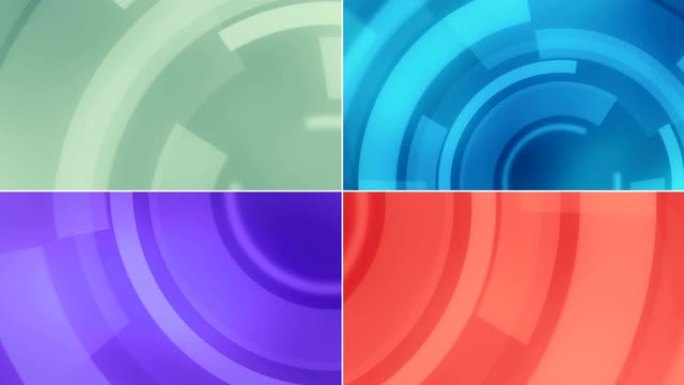 彩色移动圆形背景与复制空间。四个不同视频的拼贴画。