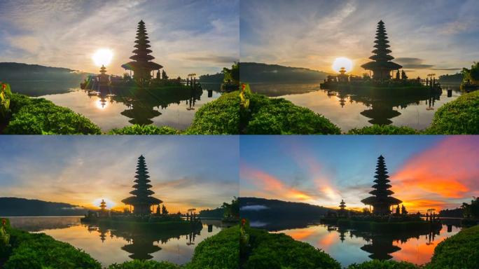 4K，印度尼西亚巴厘岛Pura Ulun Danu Bratan寺的延时日出场景