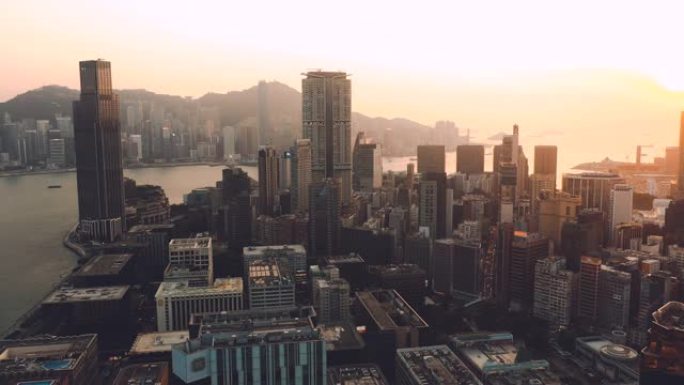 香港九龙大楼大城市航拍日出日落