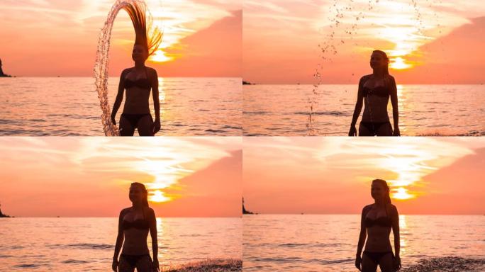 日落时分，长发在海洋中泼水的女人