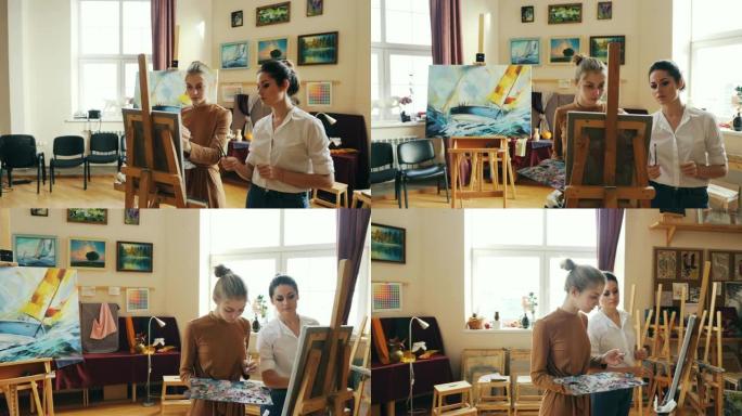经验丰富的艺术家正在教可爱的女学生画鲜花，解释她的绘画技巧，并分享知识和经验。艺术性和教育理念。