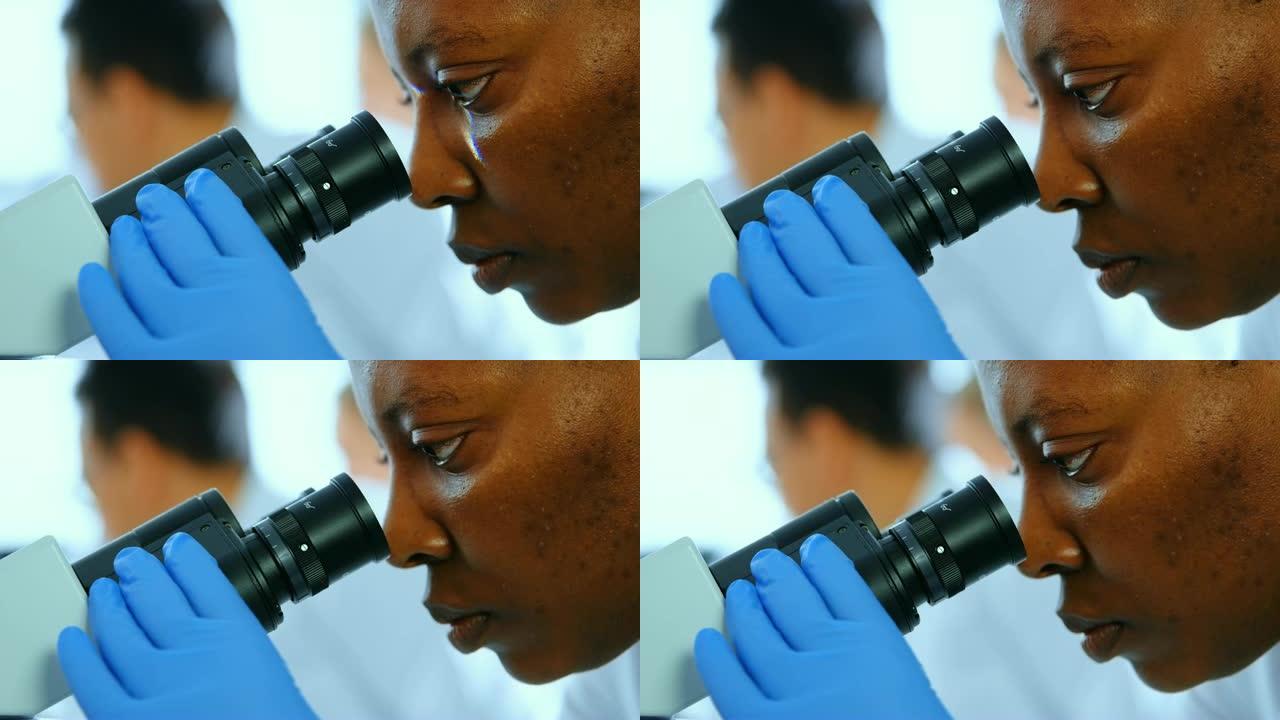 在实验室4k中使用显微镜的女科学家
