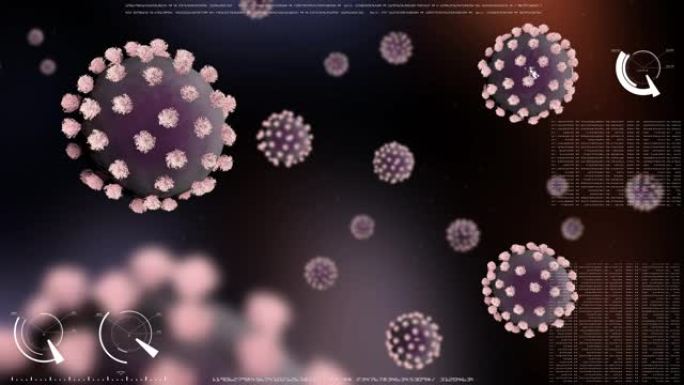 冠状病毒KOVID-19。疫。许多带有粉红色刷子的紫色病毒细胞在数据处理的现实黑暗背景上旋转。相机用