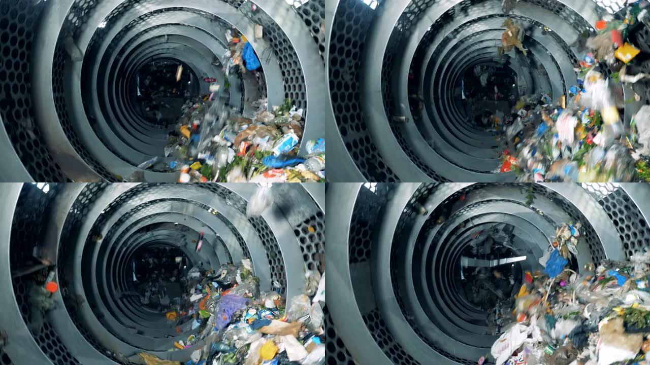 脏垃圾在工厂机器中旋转。