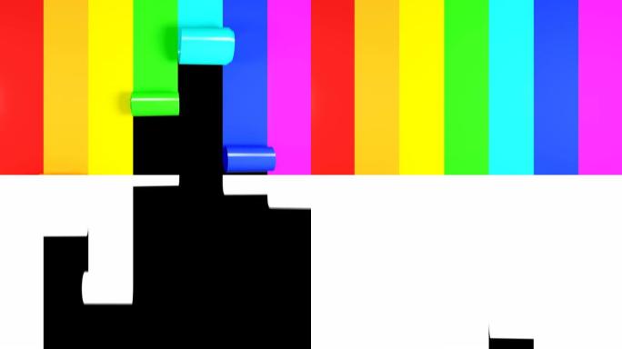 美丽的彩色条纹覆盖在屏幕上，使彩虹。多色塑料带卷展开的3d动画。阿尔法面具。