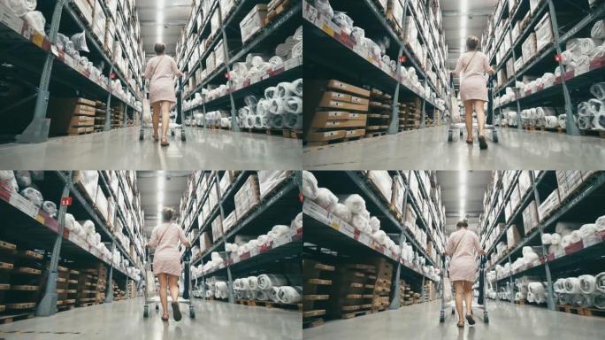 亚洲女性在现代仓库购物的低角度视角，慢动作